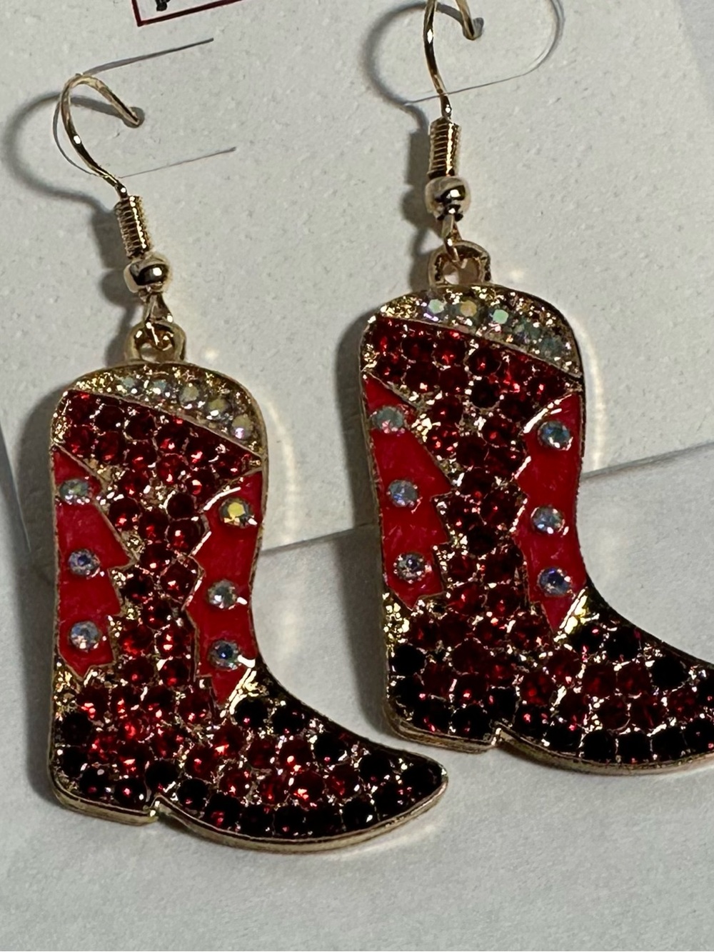 Rhinestone Red Cowboy Boot Dangle Earrings